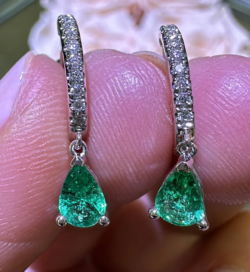 0.89carat Pear Shape Green Emerald Huggie Diamond Earrings