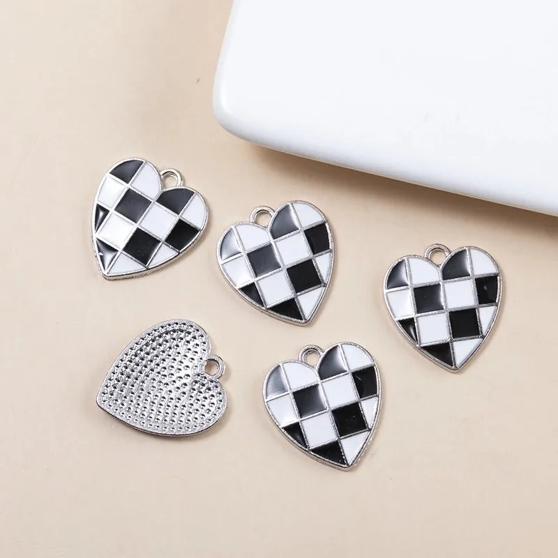 10 Pieces Simple Style Heart Shape Checkered Alloy Enamel Pendant Jewelry Accessories