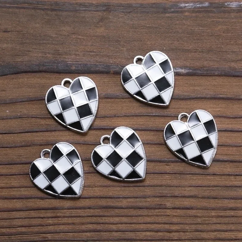 10 Pieces Simple Style Heart Shape Checkered Alloy Enamel Pendant Jewelry Accessories