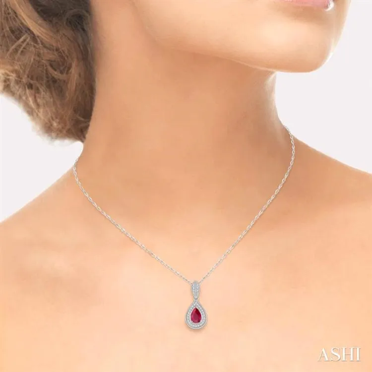 1/10 Ctw Pear Shape 6x4 MM Ruby & Round Cut Diamond Precious Pendant With Chain in 10K White Gold