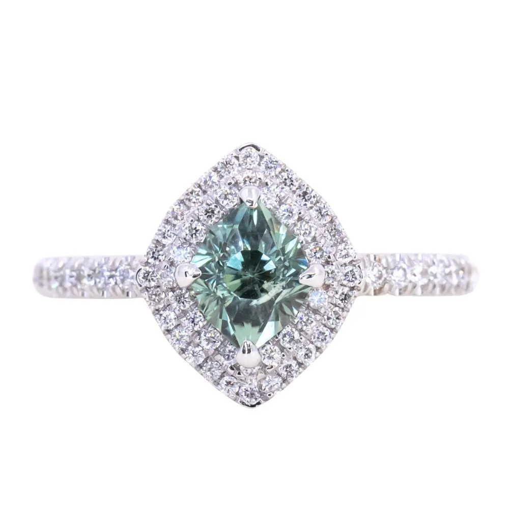 1.23ct Minty Montana Sapphire Double Diamond Halo Ring in 14K White Gold