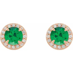 14K Rose 5 mm Lab-Grown Emerald & 1/8 CTW Natural Diamond Earrings