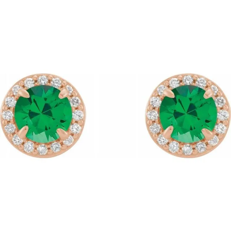 14K Rose 5 mm Lab-Grown Emerald & 1/8 CTW Natural Diamond Earrings