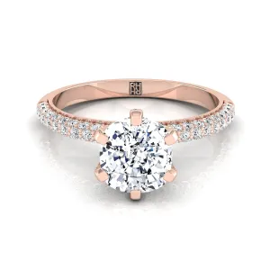 14K Rose Gold Cushion Diamond Three Row French Pave Simple Engagement Ring -1/3ctw