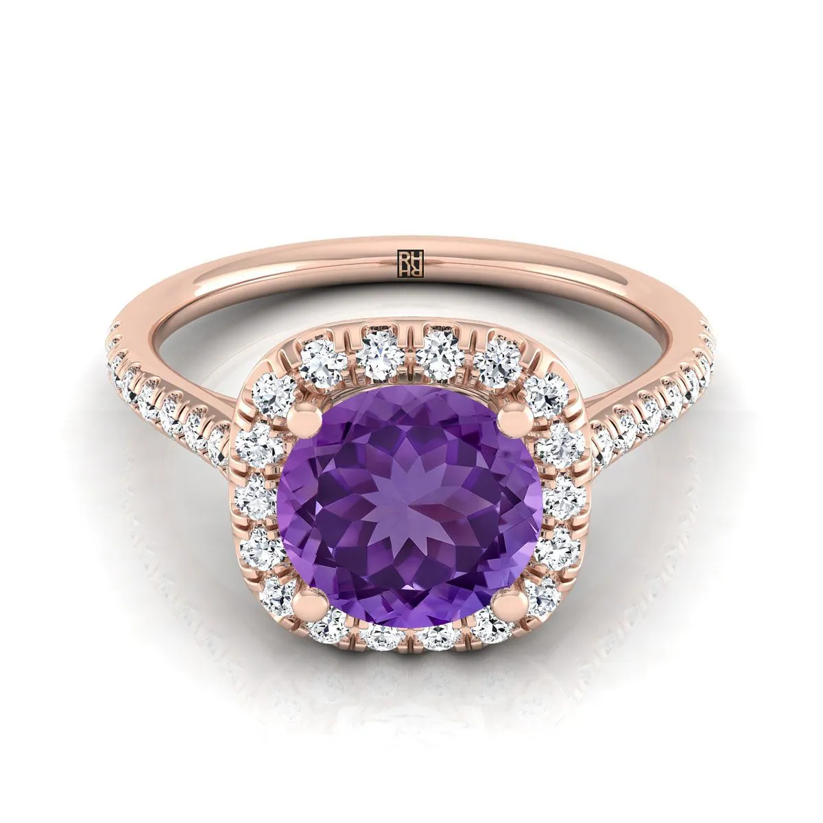 14K Rose Gold Round Brilliant Amethyst Simple Prong Set Halo Engagement Ring -1/3ctw