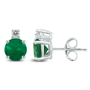 14K White Gold 4Mm Round Emerald And Diamond Earrings