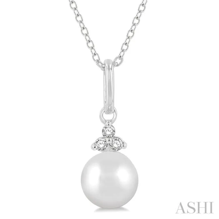 1/50 ctw Petite 6X6 MM Cultured Pearl and Round Cut Diamond Fashion Pendant With Chain in 10K White Gold