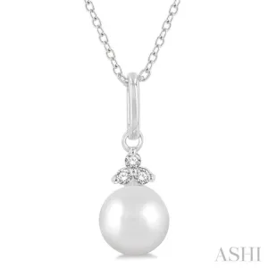 1/50 ctw Petite 6X6 MM Cultured Pearl and Round Cut Diamond Fashion Pendant With Chain in 10K White Gold