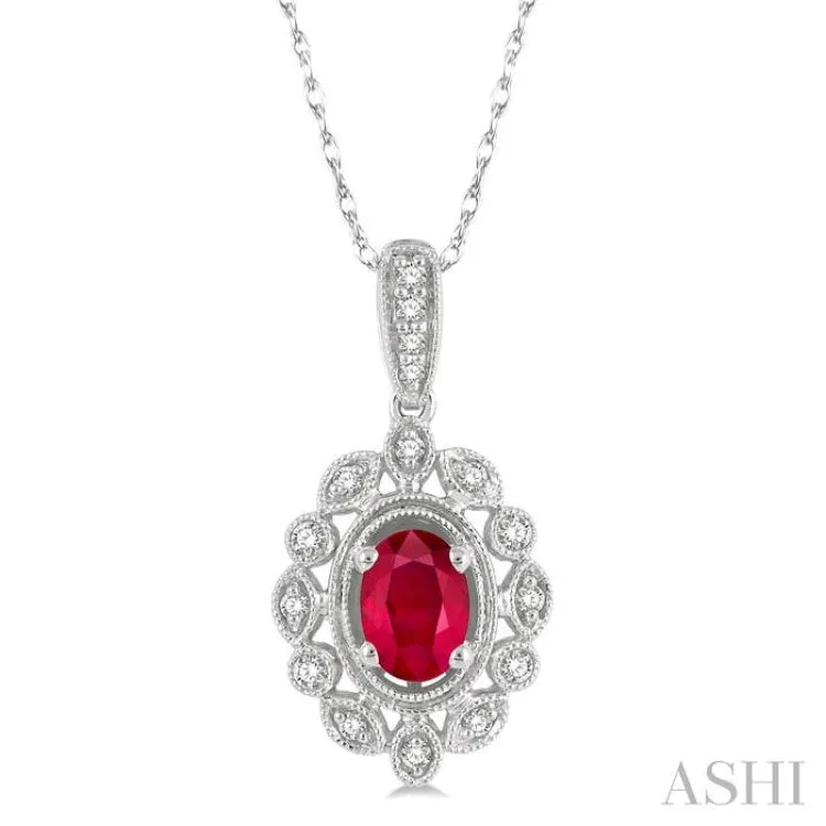 1/8 ctw Lattice Round Cut Diamond & 6x4MM Oval Cut Ruby Precious Pendant With Chain in 10K White Gold