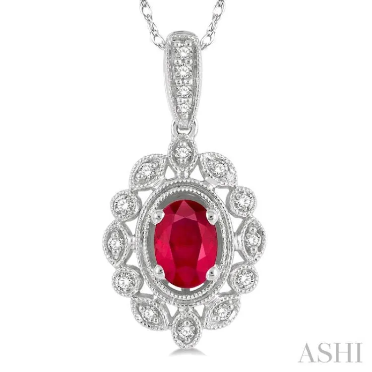 1/8 ctw Lattice Round Cut Diamond & 6x4MM Oval Cut Ruby Precious Pendant With Chain in 10K White Gold