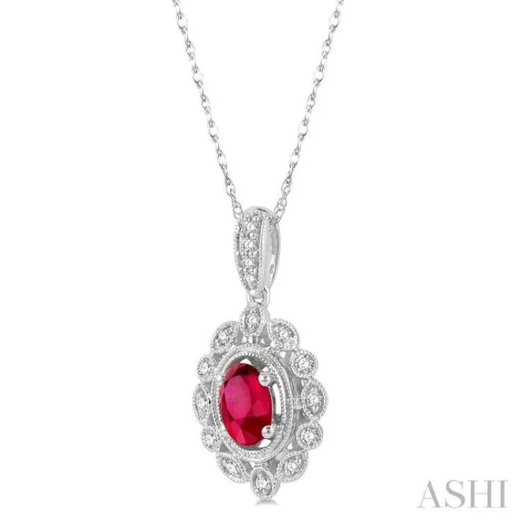 1/8 ctw Lattice Round Cut Diamond & 6x4MM Oval Cut Ruby Precious Pendant With Chain in 10K White Gold