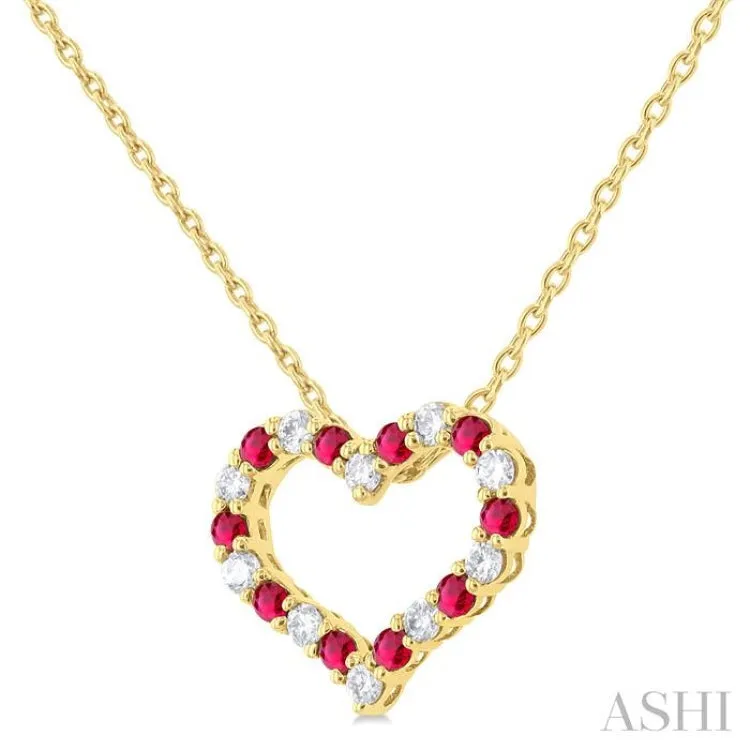 1/8 ctw Open Heart 1.4MM Round Cut Ruby and Round Cut Diamond Precious  Fashion Pendant With Chain in 14K Yellow Gold