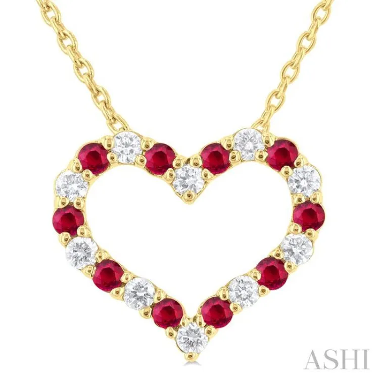 1/8 ctw Open Heart 1.4MM Round Cut Ruby and Round Cut Diamond Precious  Fashion Pendant With Chain in 14K Yellow Gold