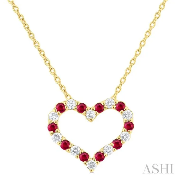 1/8 ctw Open Heart 1.4MM Round Cut Ruby and Round Cut Diamond Precious  Fashion Pendant With Chain in 14K Yellow Gold