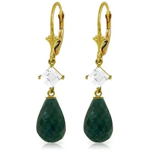 18.6 Carat 14K Solid Yellow Gold Leverback Earrings White Topaz Emerald