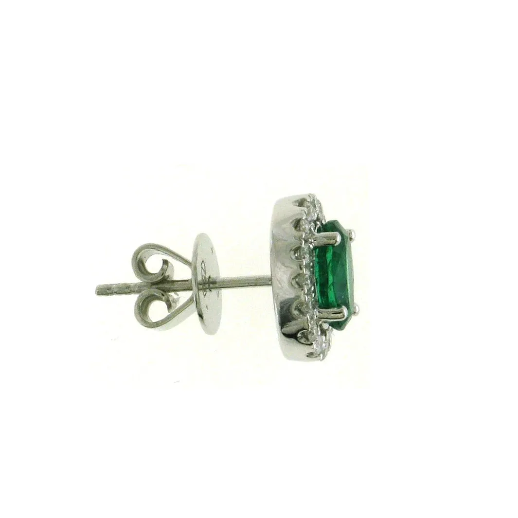 18K White Gold Oval Emerald with Diamond Halo Stud Earrings