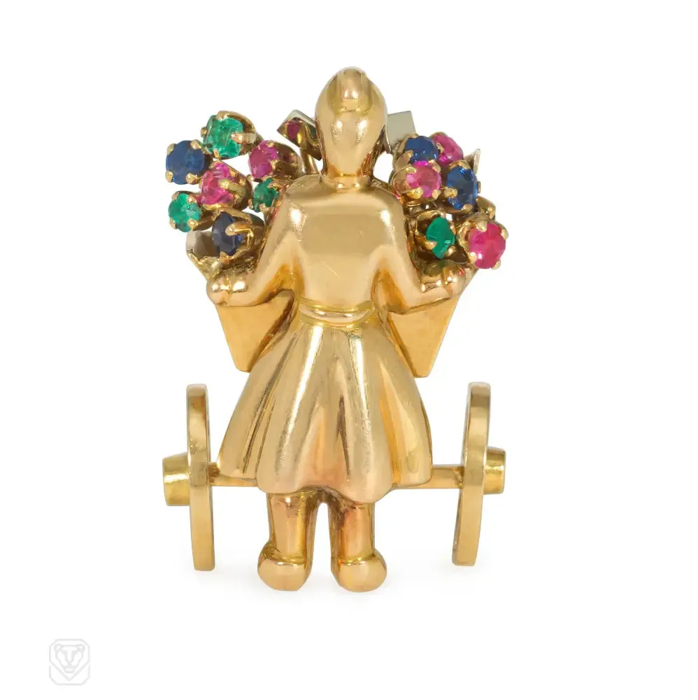 1940s Mellerio multi-gem and gold flower cart brooch