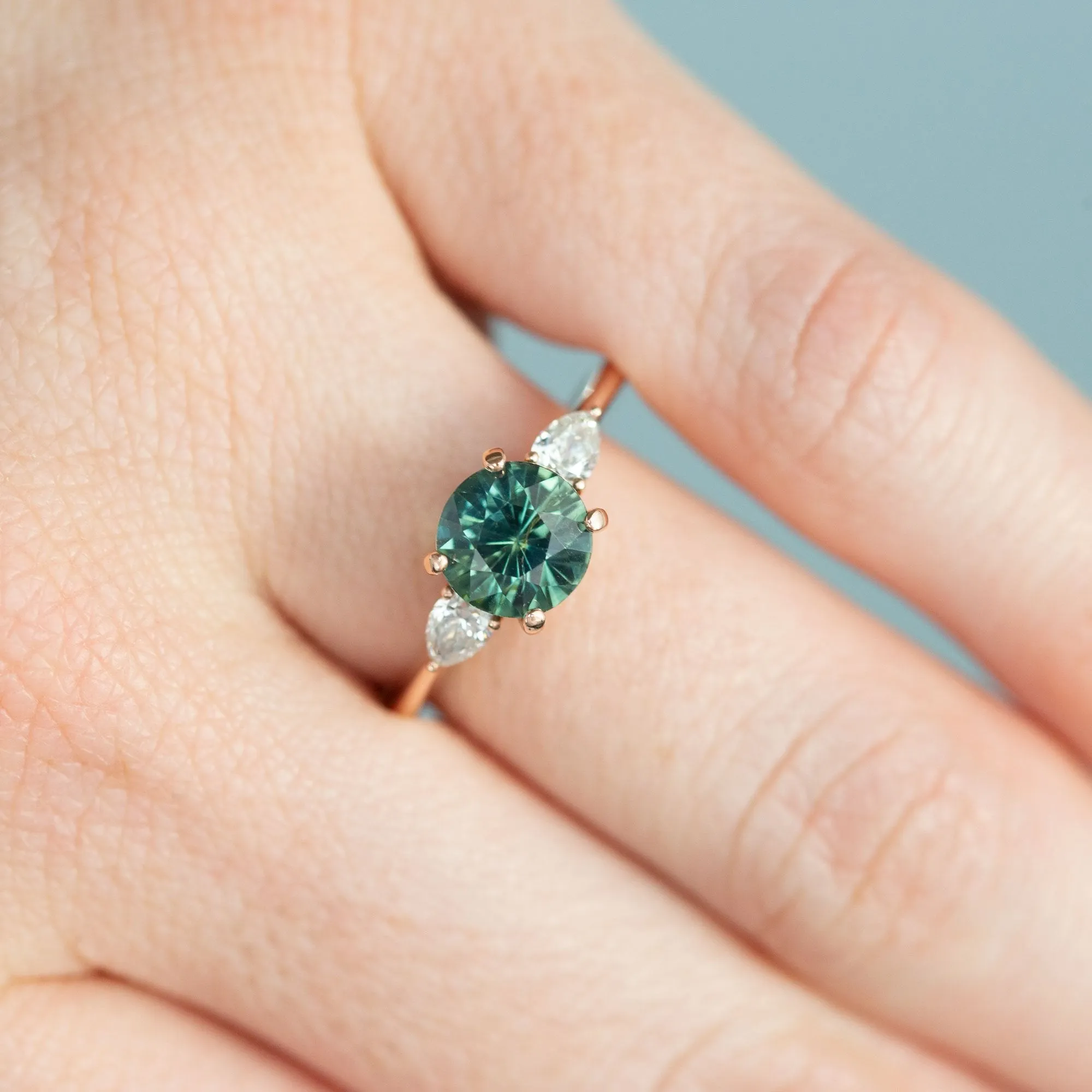 2.05ct Round Unheated Teal Green Sapphire With Pear Diamond Side Stones in 14k Rose Gold