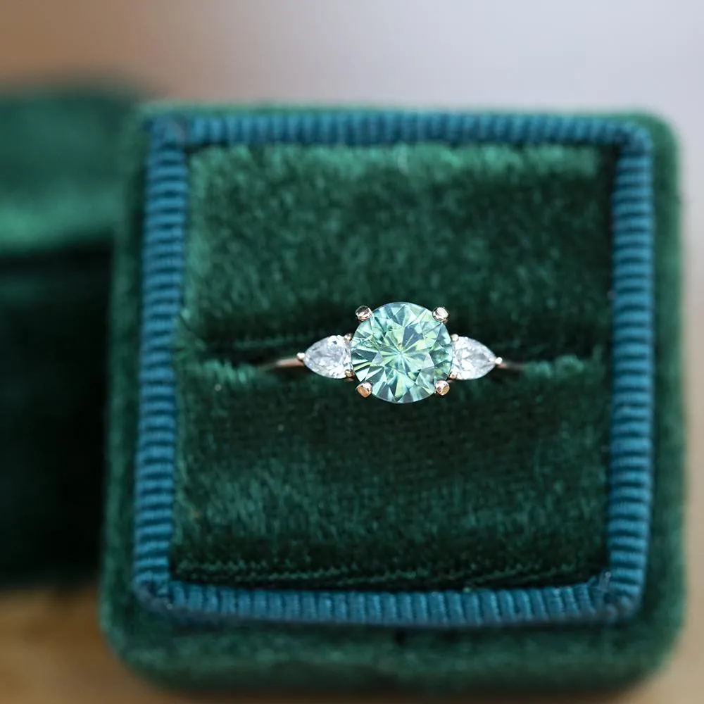 2.05ct Round Unheated Teal Green Sapphire With Pear Diamond Side Stones in 14k Rose Gold