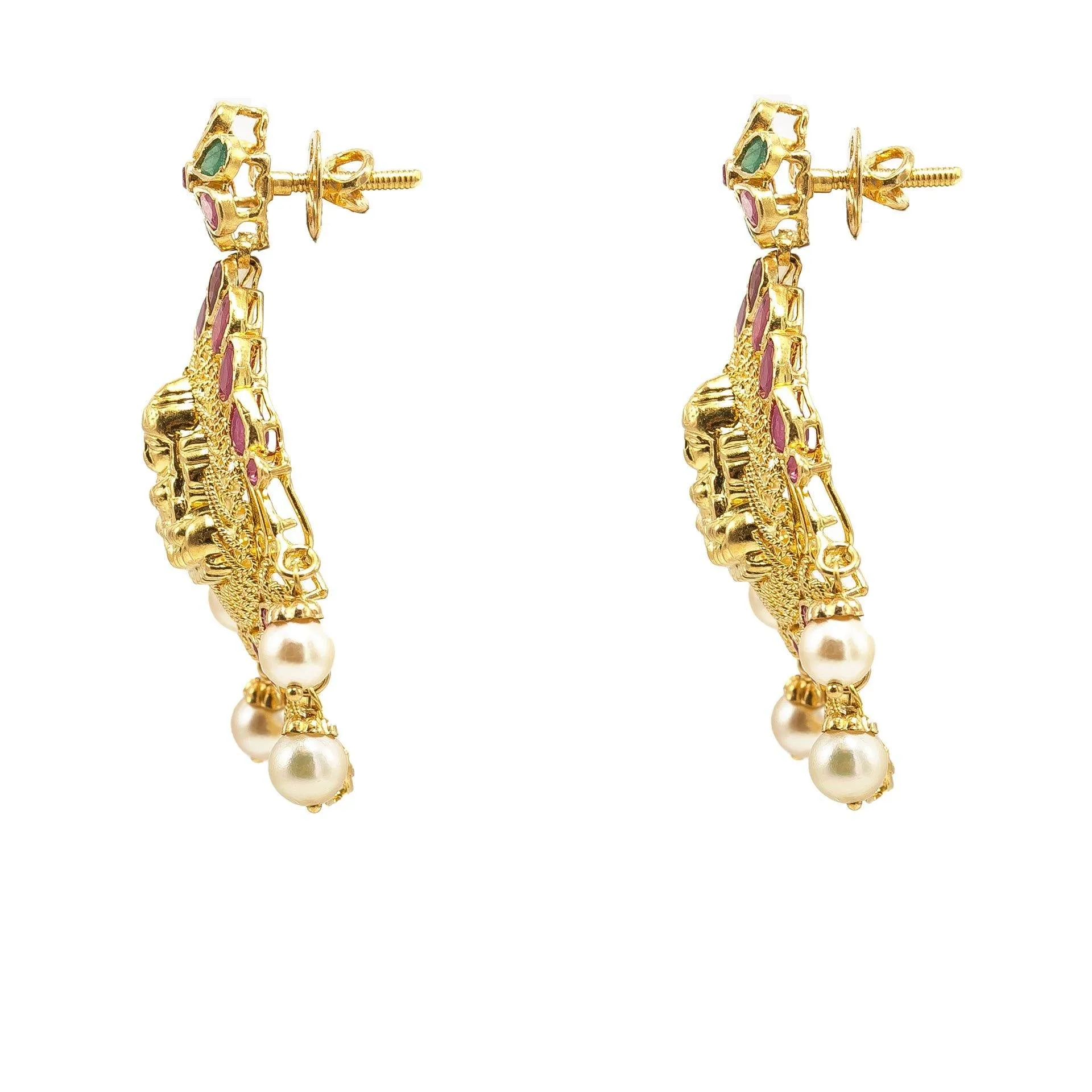 22K Yellow Gold Earrings W/ Rubies, Emeralds, Pearls & Engraved Laxmi Pendant