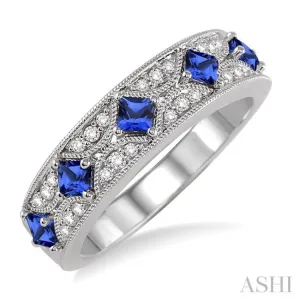 2.5 mm Princess Cut Sapphire and 1/6 Ctw Round Cut Diamond Precious Band in 14K White Gold