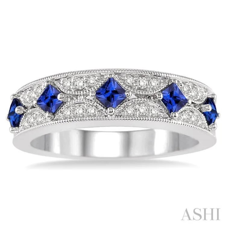 2.5 mm Princess Cut Sapphire and 1/6 Ctw Round Cut Diamond Precious Band in 14K White Gold