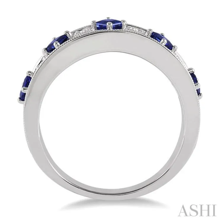 2.5 mm Princess Cut Sapphire and 1/6 Ctw Round Cut Diamond Precious Band in 14K White Gold