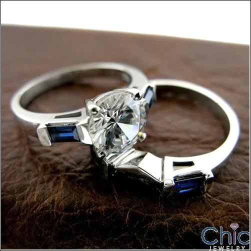 3 Stone 2.25 Round Diamond Color Center Sapphire Blue Baguettes Channel Cubic Zirconia Cz Ring