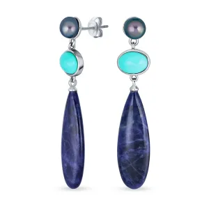 3 Tier Gemstone Dangle Navy Blue Long Teardrop Earrings Silver Plated