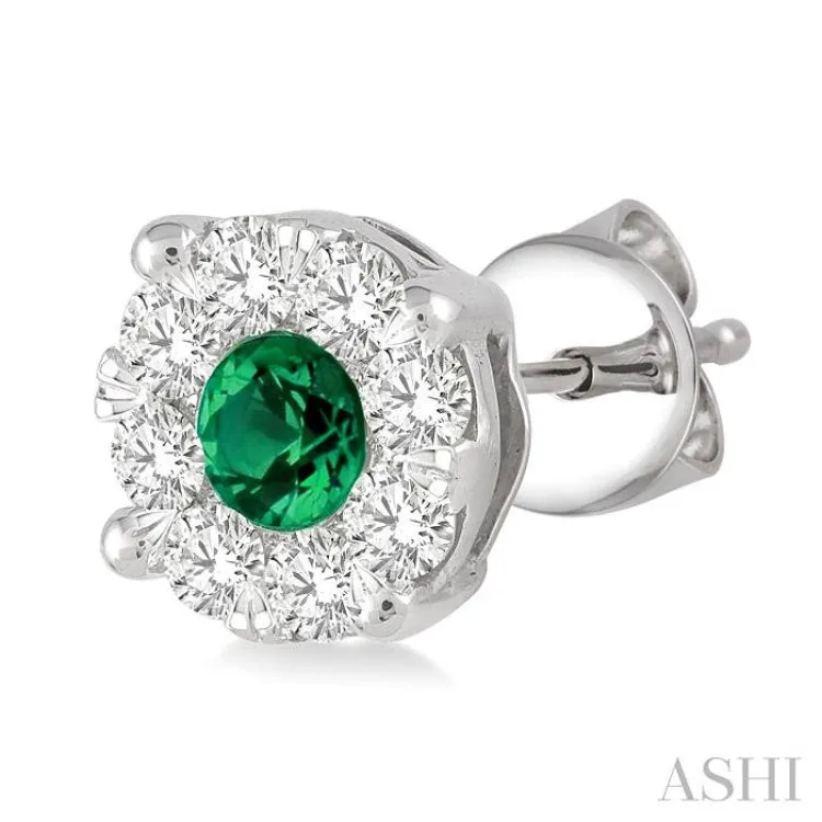 3.3mm Round Cut Emerald and 1/2 Ctw Lovebright Diamond Earrings in 14K White Gold