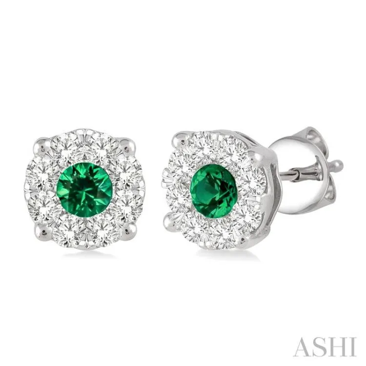 3.3mm Round Cut Emerald and 1/2 Ctw Lovebright Diamond Earrings in 14K White Gold