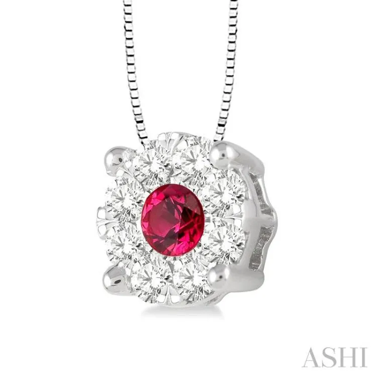 3.8 mm Round Cut Ruby and 1/3 Ctw Lovebright Pendant in 14K White Gold with Chain