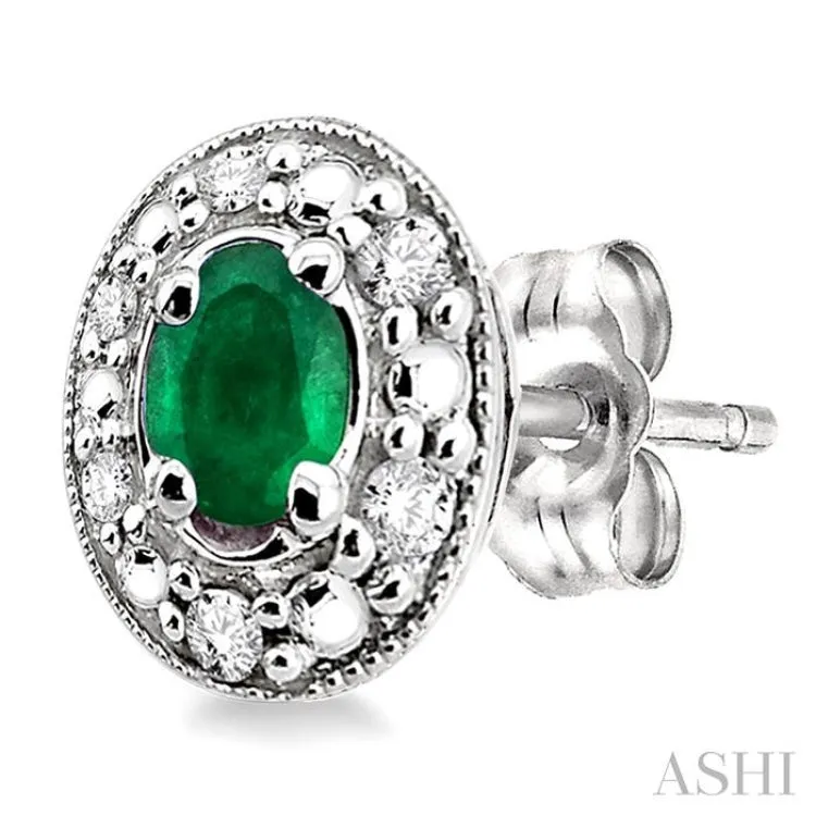 4x3 MM Oval Shaped Emerald and 1/10 Ctw Single Cut Diamond Earrings in 10K White Gold