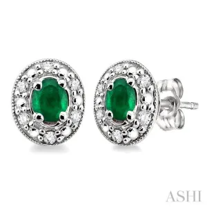 4x3 MM Oval Shaped Emerald and 1/10 Ctw Single Cut Diamond Earrings in 10K White Gold