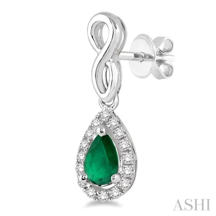 5x3 MM Pear Shape Emerald and 1/6 Ctw Round Cut Diamond Earrings in 14K White Gold