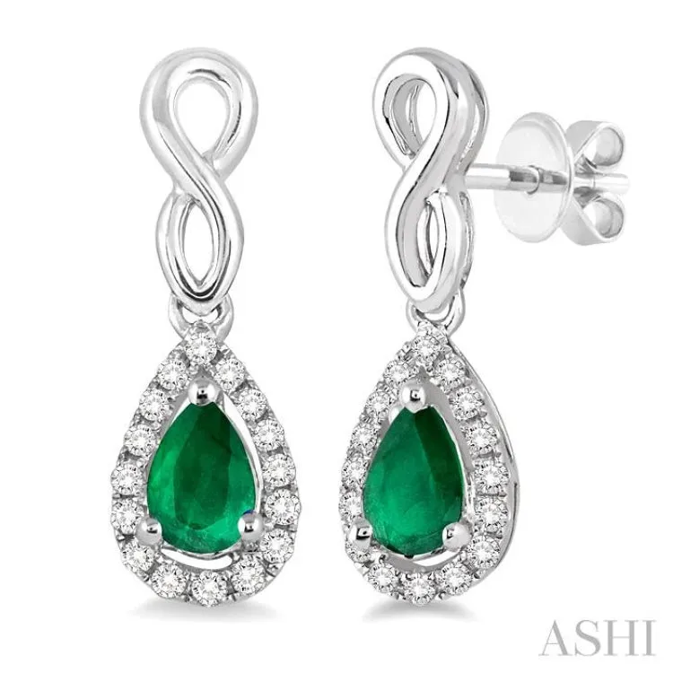 5x3 MM Pear Shape Emerald and 1/6 Ctw Round Cut Diamond Earrings in 14K White Gold