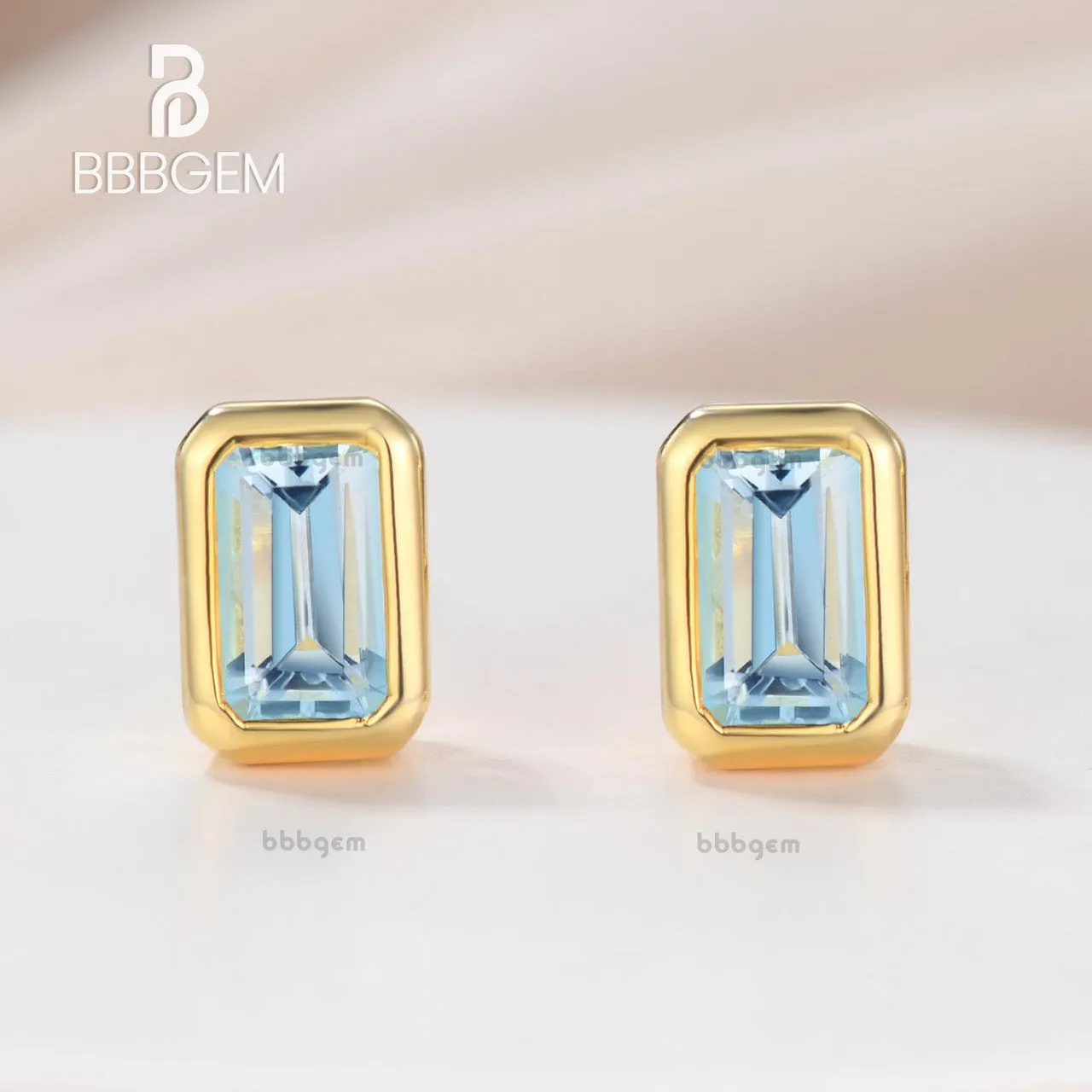 5x3mm Emerald Cut Aquamarine Bezel Set Stud Earring 14k Silver Yellow Gold Plated Solitaire Stud Earrings