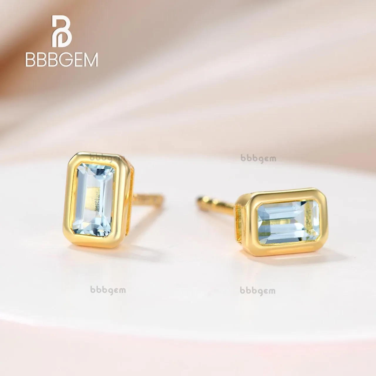 5x3mm Emerald Cut Aquamarine Bezel Set Stud Earring 14k Silver Yellow Gold Plated Solitaire Stud Earrings