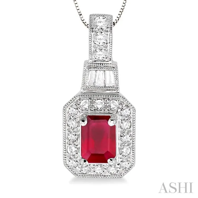 6x4 MM Octagon Cut Ruby and 1/4 Ctw Round and Baguette Cut Diamond Pendant in 14K White Gold with Chain