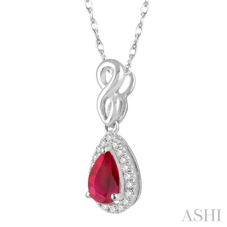 6x4 MM Pear Shape Ruby and 1/10 Ctw Round Cut Diamond Pendant in 10K White Gold with Chain