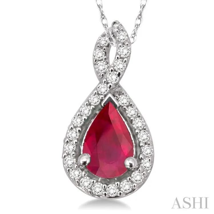 6x4 MM Pear Shape Ruby and 1/10 Ctw Round Cut Diamond Pendant in 14K White Gold with Chain