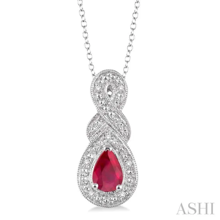 6x4 MM Pear Shape Ruby and 1/50 Ctw Round Cut Diamond Pendant in Sterling Silver with Chain