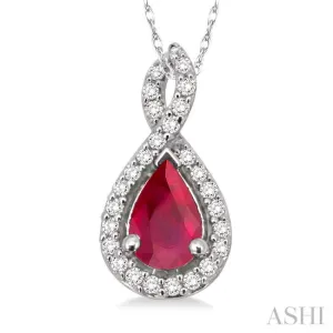 6x4MM Pear Shape Ruby and 1/10 Ctw Round Cut Diamond Pendant in 14K White Gold with Chain