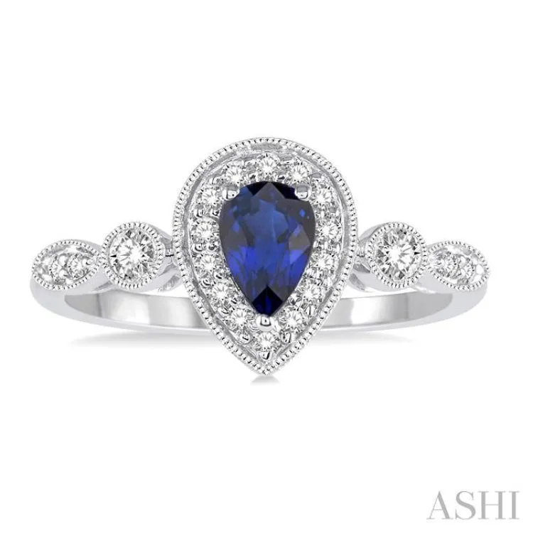 6X4MM Pear shape Sapphire Center and 1/4 Ctw Round Cut Diamond Ring in 14K White Gold