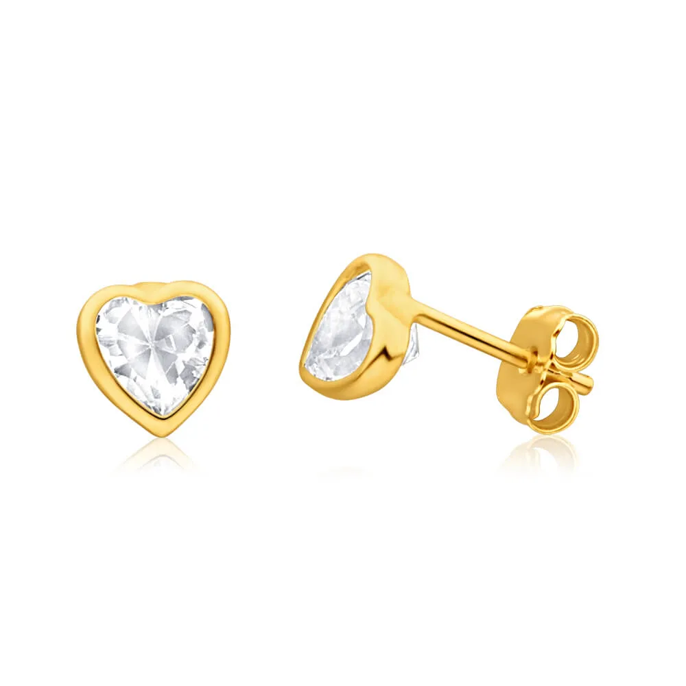 9ct Yellow Gold Silver Filled Cubic Zirconia Heart 5mm Stud Earrings