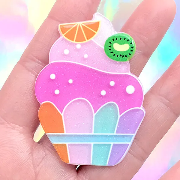 Acrylic Cupcake Cabochon with Glitter | Cute Hair Bow Center | Kawaii Decoden | Scrapbook Embellishment (1 piece / 40mm x 55mm)