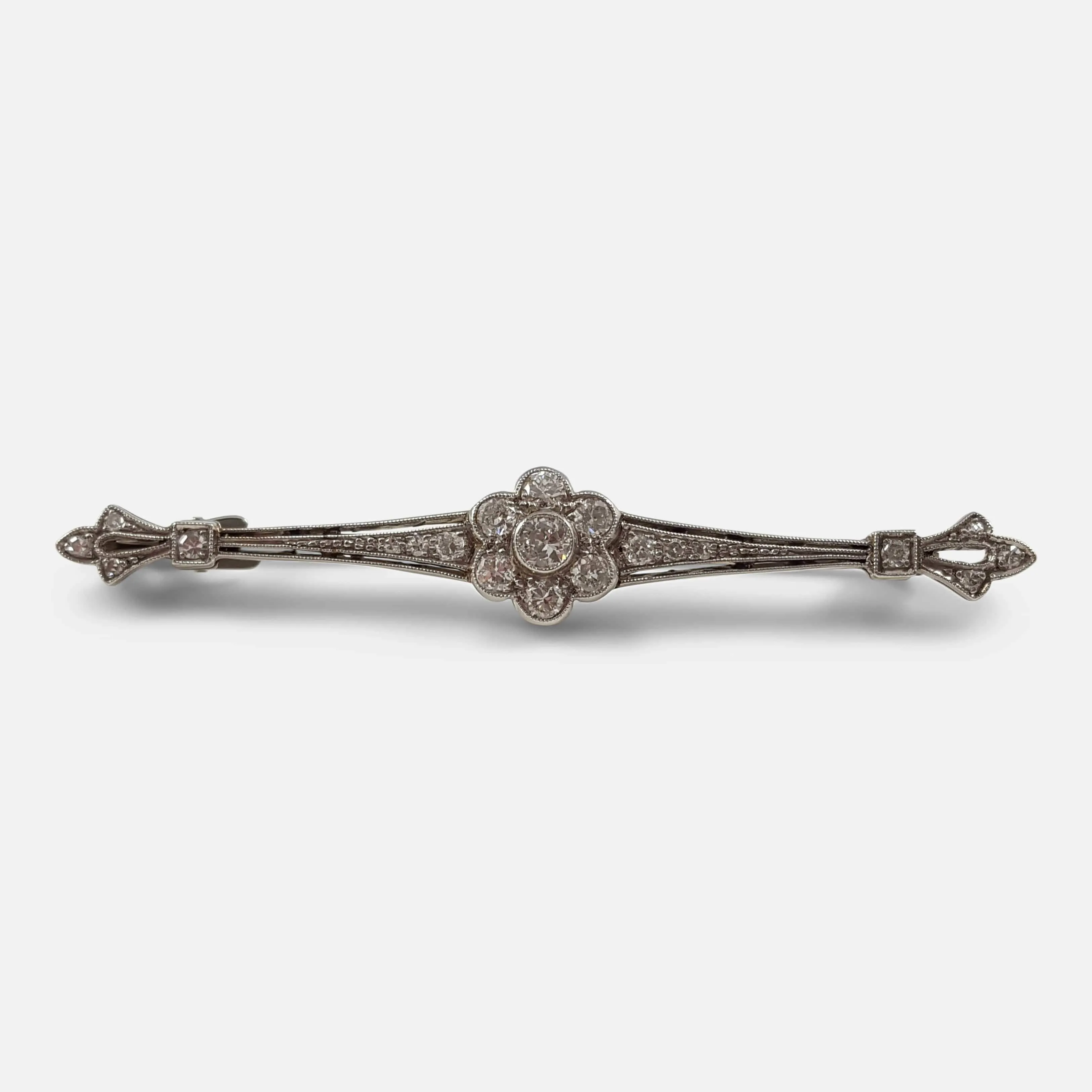 Art Deco 14ct White Gold 0.65ct Diamond Bar Brooch