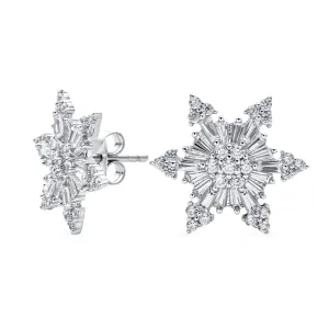 Art Deco Christmas Flower CZ Stud Earrings, Snowflake Design in Sterling Silver