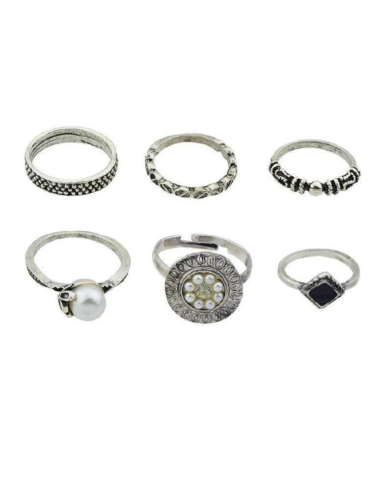 At-Silver Simple Pearl Ring  6-Pieces Set