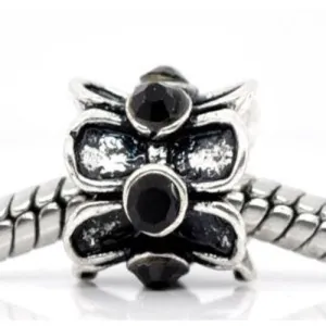 Black Flower  Rhinestone Charm Spacer European Bead Compatible for Most European Snake Chain Bracelet